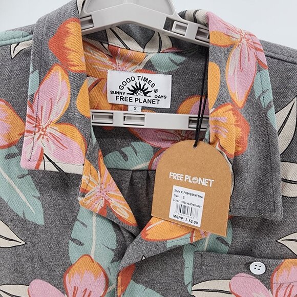 Free Planet Mens S Floral Button Up Shirt Short Sleeve Good Times Sunny Days - Picture 5 of 8